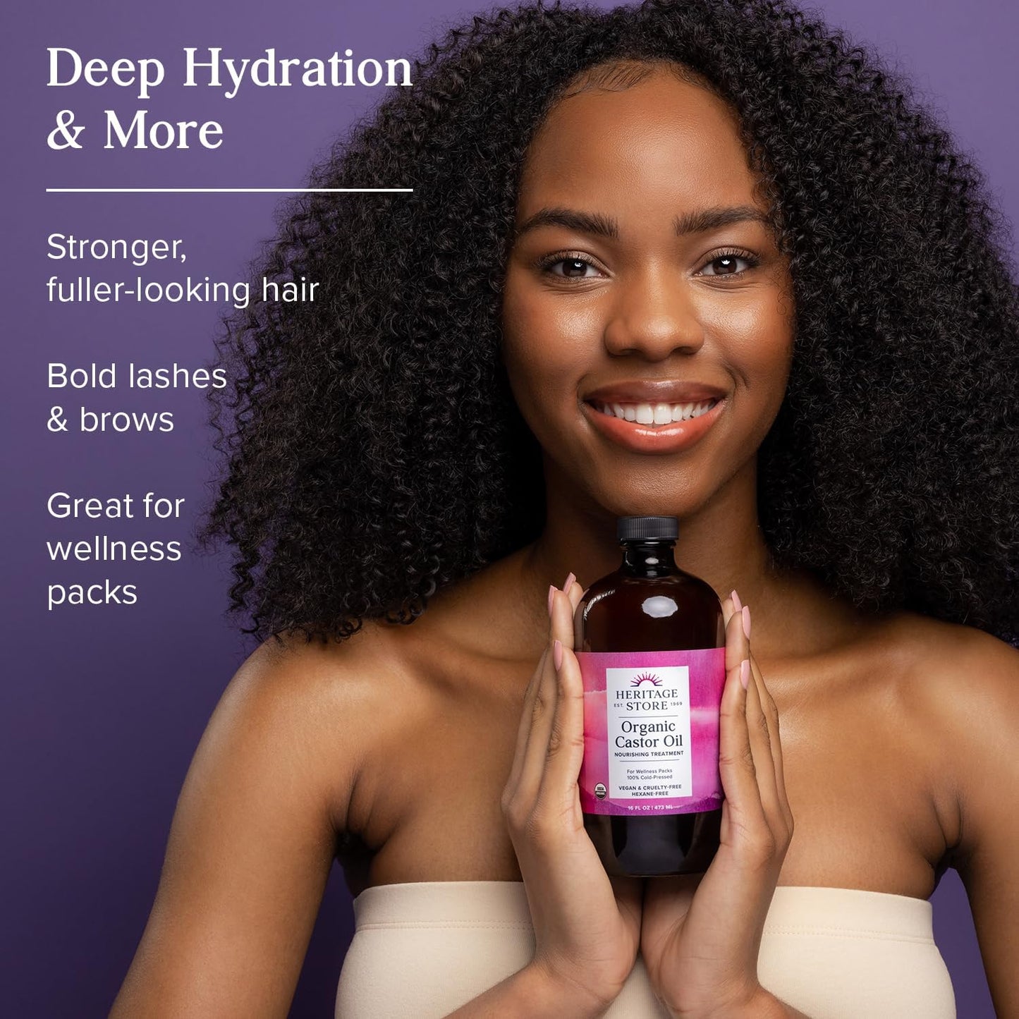 Organic Castor, Glass Bottle, Cold Pressed, Rich Hydration for Hair & Skin, Bold Lashes & Brows (473Ml)