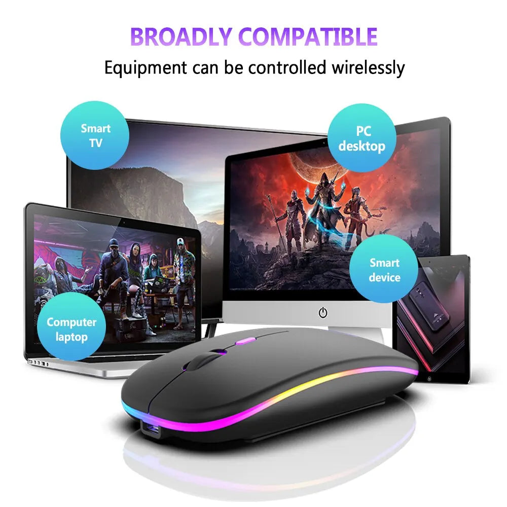 Wireless Mouse Bluetooth and 2.4Ghz Dual Modes Rechargeable RGB Ergonomic Silent Click for PC Ipad Laptop Cell Phone TV